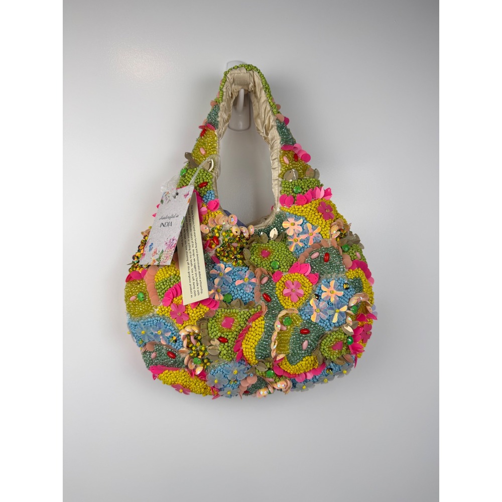 Handcrafted India Beaded Floral Hobo Bag Sequin Embellished Multi Color Handbag